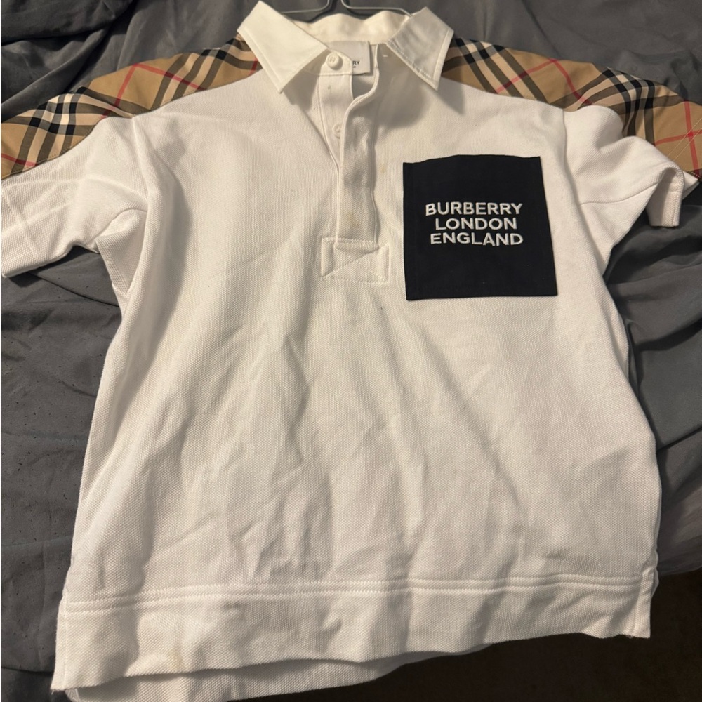 Burberry White Polo with Plaid Shoulders
